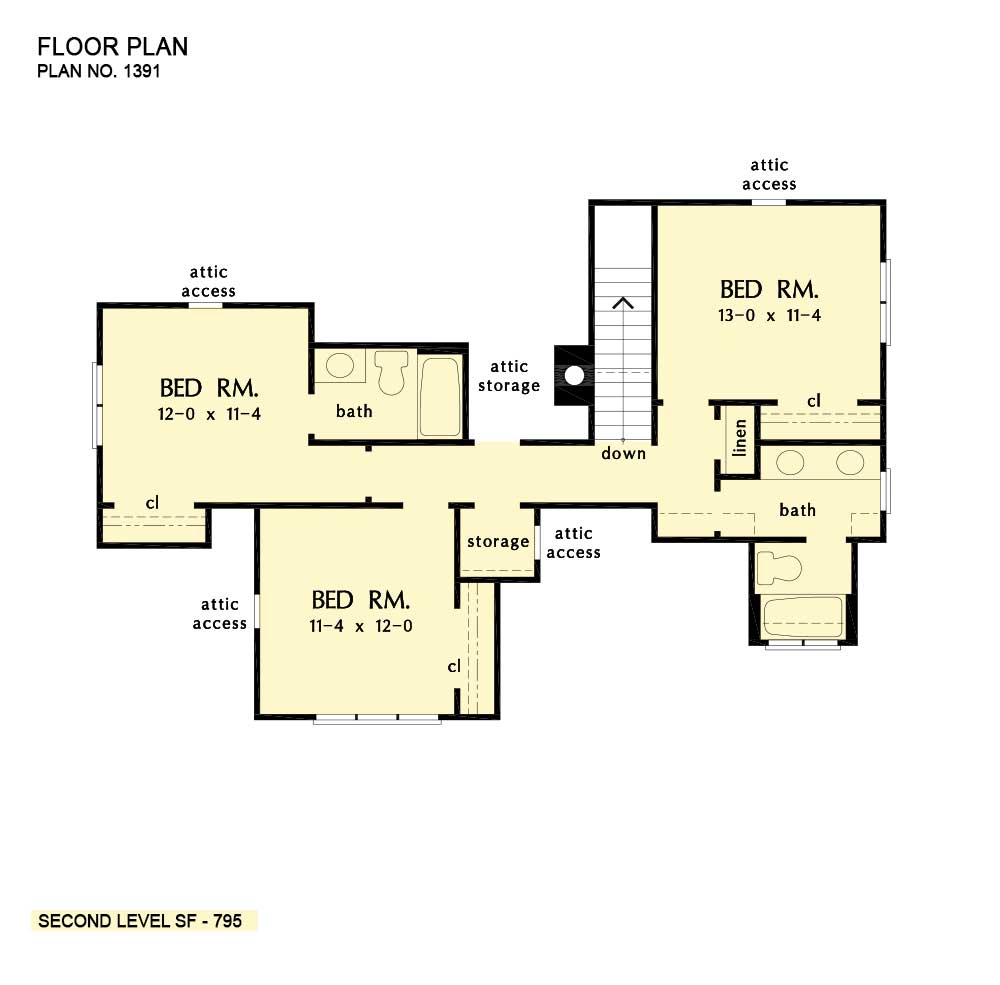 Second floor of The Owen house plan 1391. 