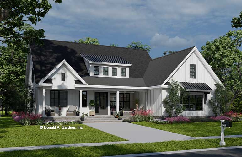 Front rendering of The Ezra house plan 1649. 