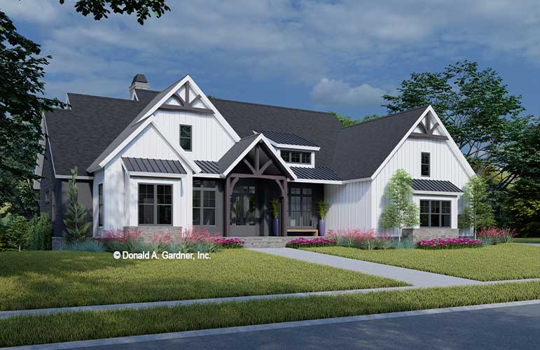Front rendering of The Jensen house plan 1656-D. 