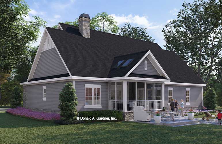 Rear rendering of The Raleigh house plan 1303. 