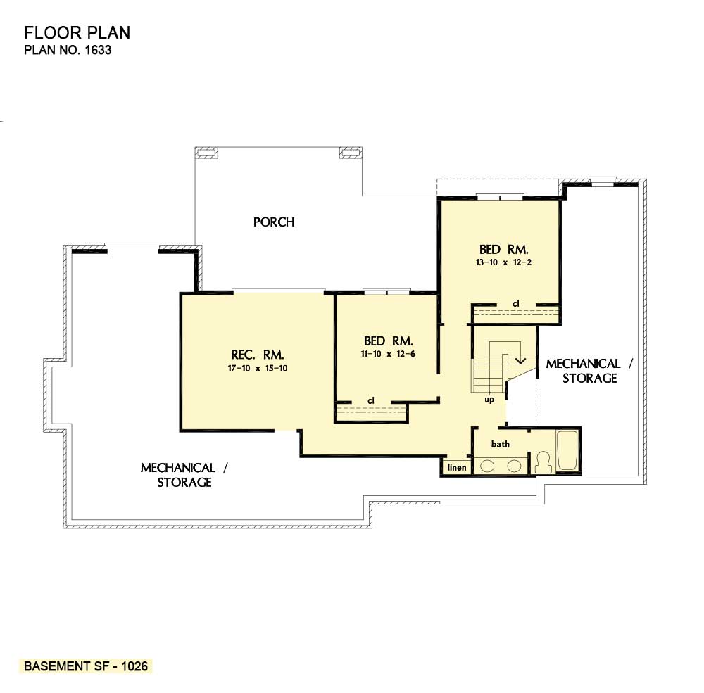 Basement floor plan of The Raymond house plan 1633-D. 