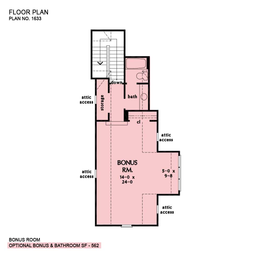 Bonus room of The Raymond house plan 1633-D. 