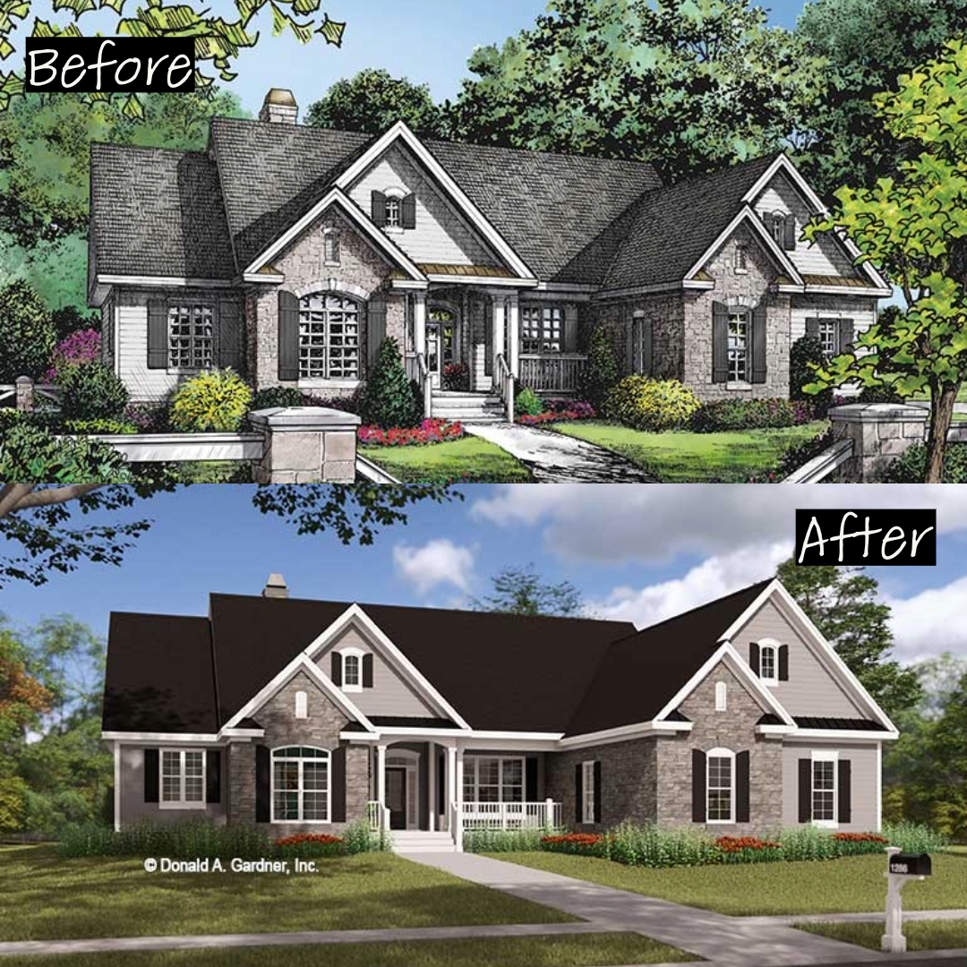 The Astaire house plan 1286 - Before and after renderings.