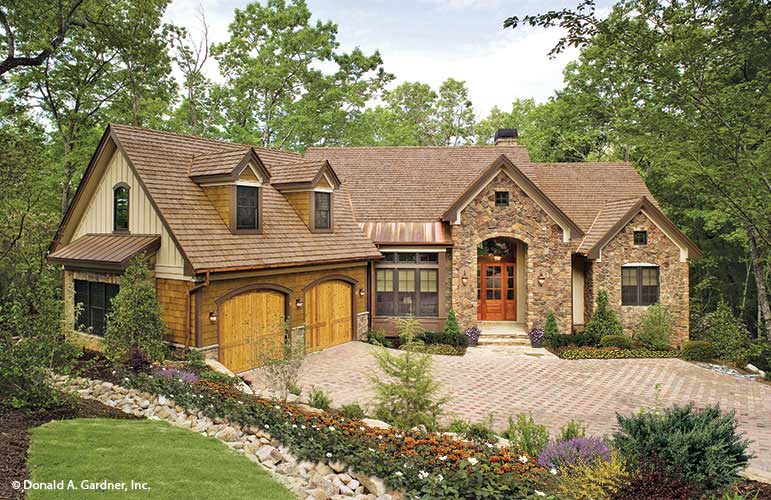 Spring landscaping of The Laurelwood house plan 5024. 