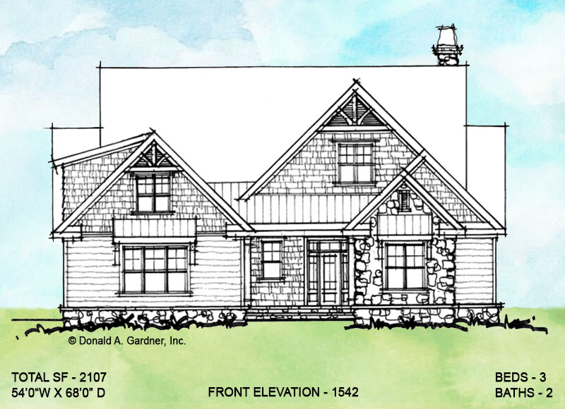 Front elevation of conceptual house plan 1542. 
