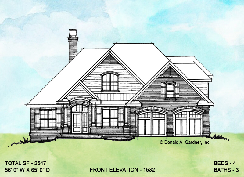 Front elevation of conceptual house plan 1532. 