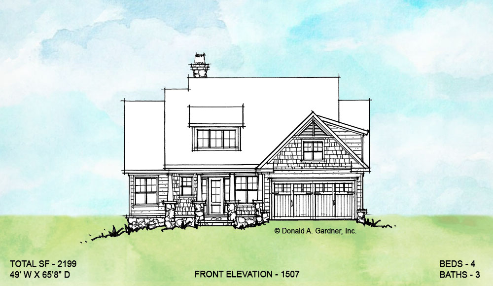 Front elevation of conceptual house plan 1507. 