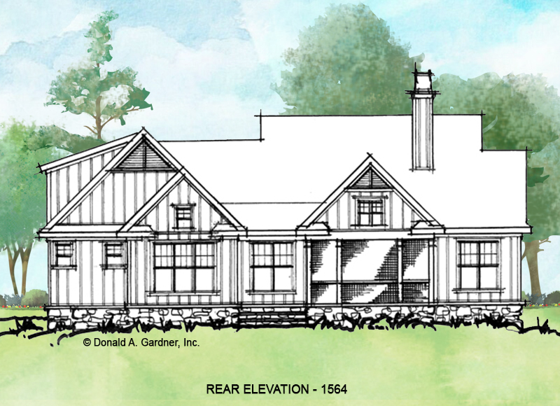 Rear elevation of conceptual house plan 1564. 