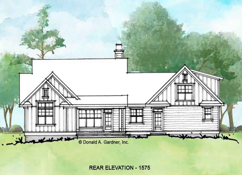 Rear elevation of conceptual house plan 1575. 