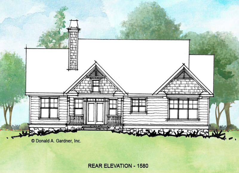 Rear elevation of conceptual house plan 1580. 