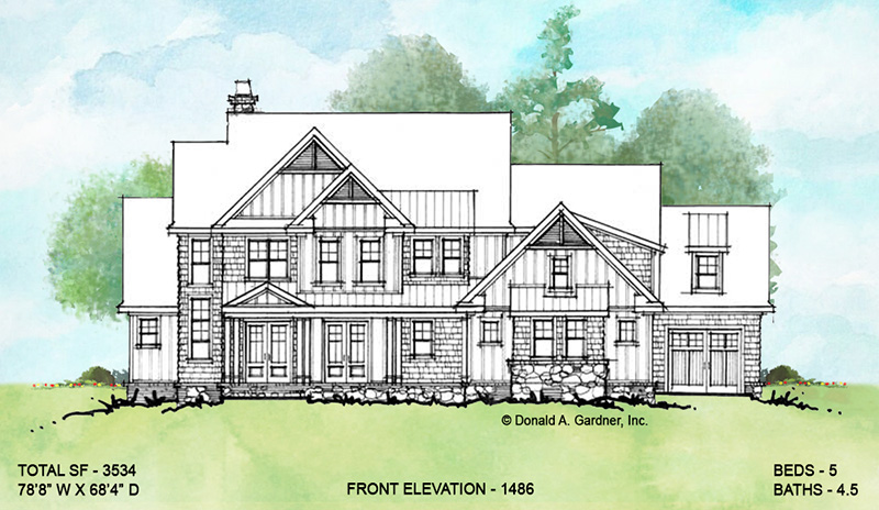 Front elevation of conceptual house plan 1486. 
