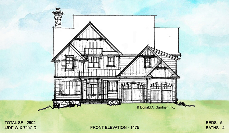 Front elevation of conceptual house plan 1475. 