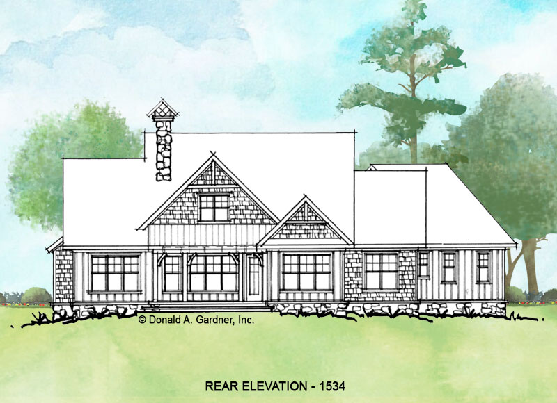 Rear elevation of conceptual house plan 1534. 