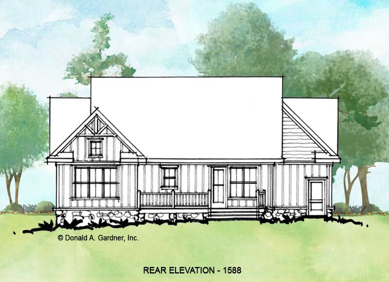 Rear elevation of conceptual house plan 1588. 