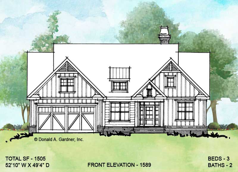 Front elevation of conceptual house plan 1589. 