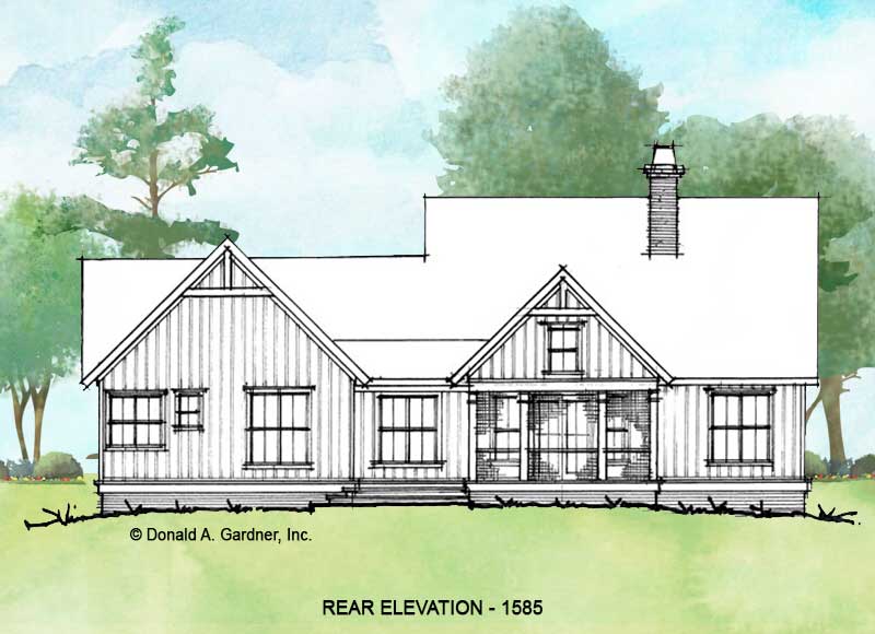 Rear elevation of conceptual house plan 1585. 