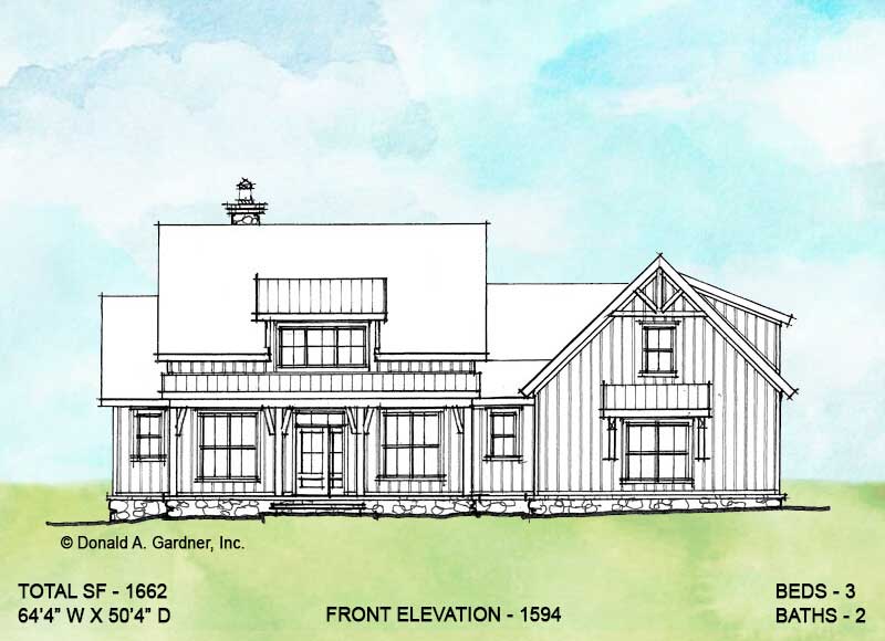 Front elevation of conceptual house plan 1594. 