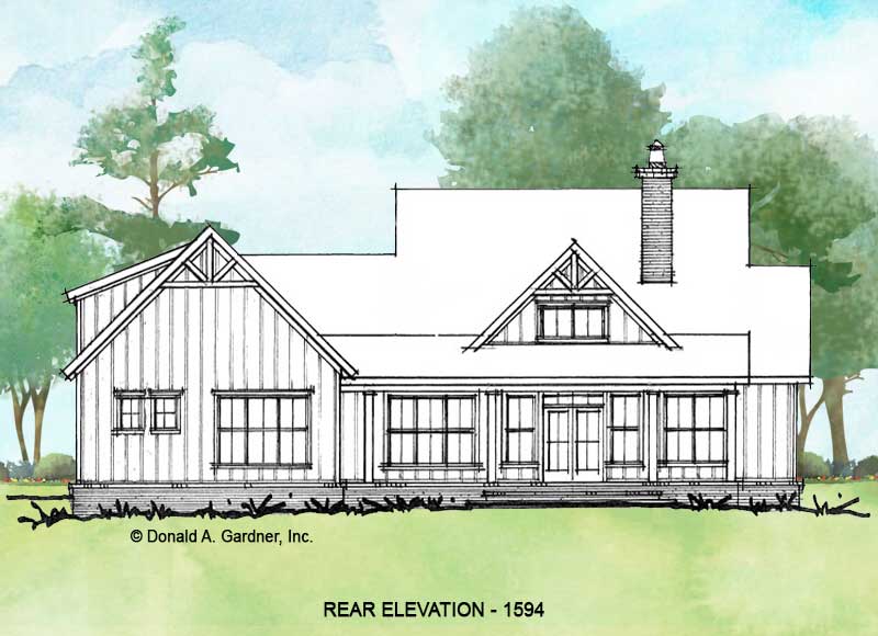 Rear elevation of conceptual house plan 1594. 