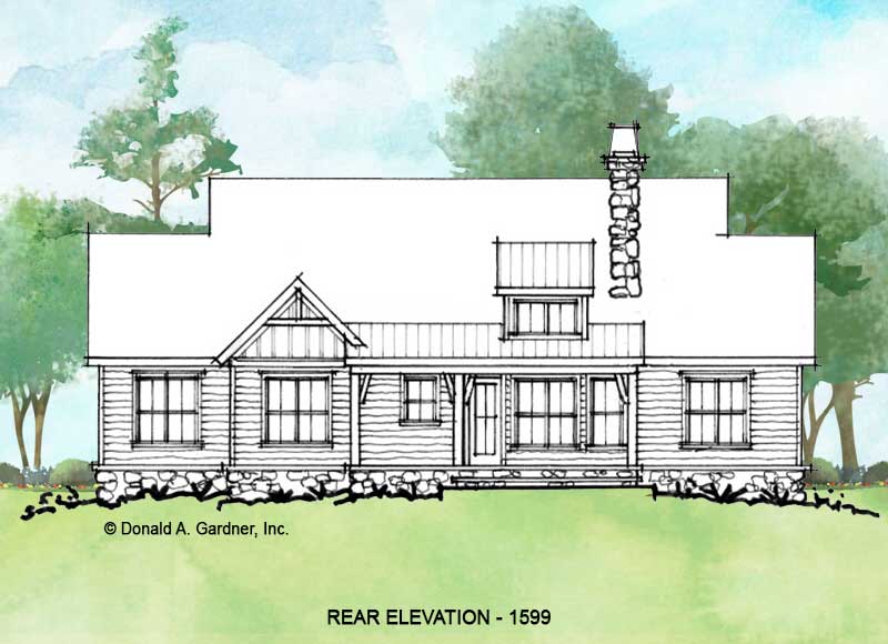 Rear elevation of conceptual house plan 1599. 