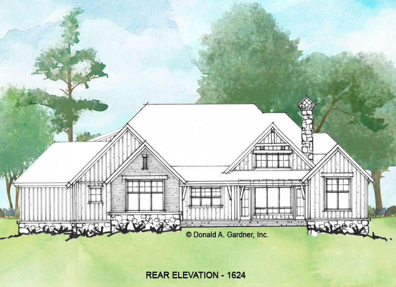 Rear elevation of Conceptual House Plan 1624. 