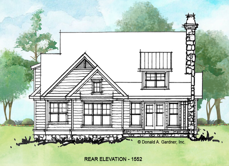 Rear elevation of conceptual house plan 1552. 
