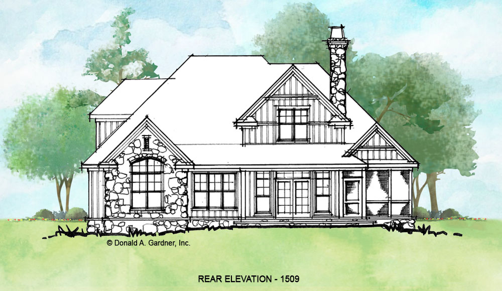 Rear elevation of conceptual house plan 1509. 