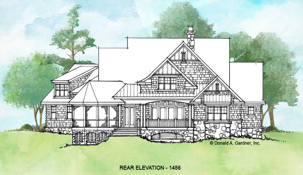 Rear elevation of conceptual house plan 1456. 