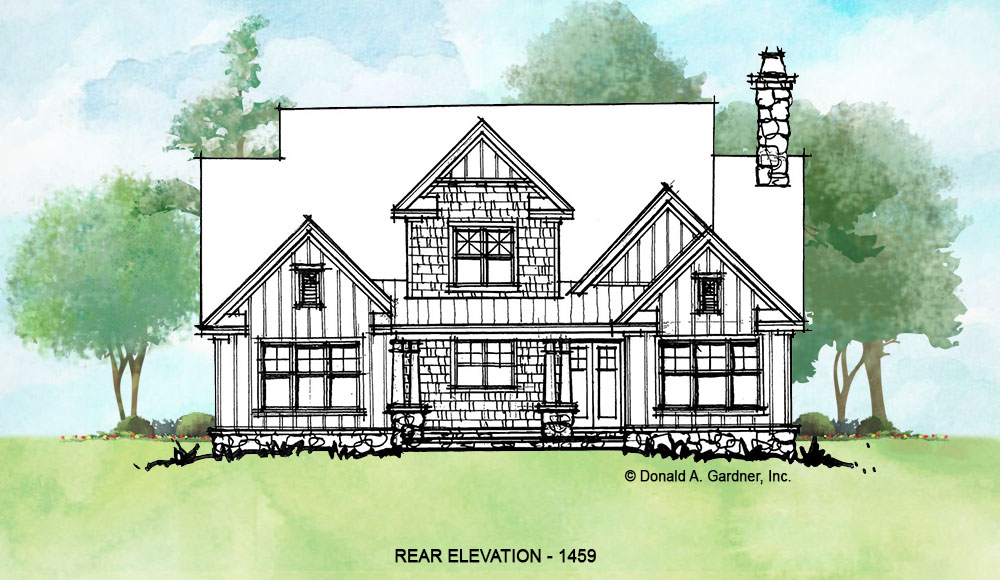 Rear elevation of conceptual house plan 1459. 