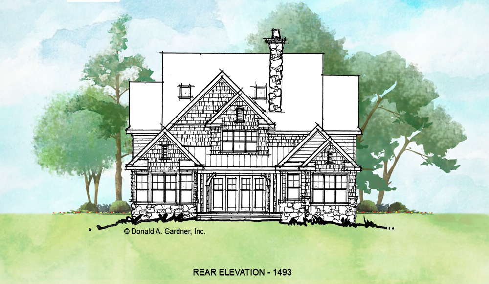Rear elevation of conceptual house plan 1493. 