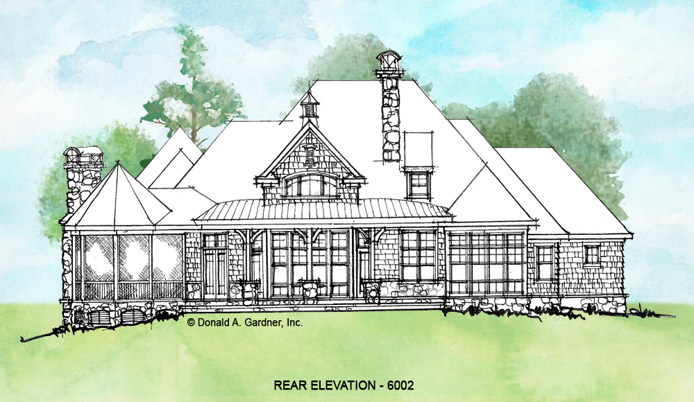 Rear elevation of conceptual house plan 6002. 