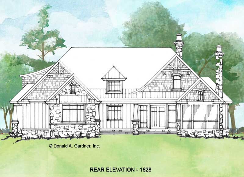 Rear elevation of Conceptual house plan 1628. 