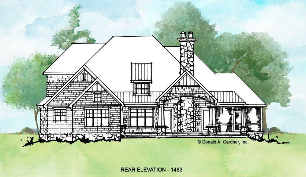 Rear elevation of conceptual house plan 1483. 