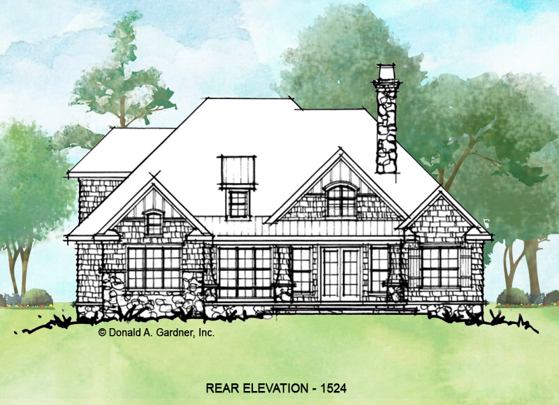 Rear elevation of conceptual house plan 1524. 