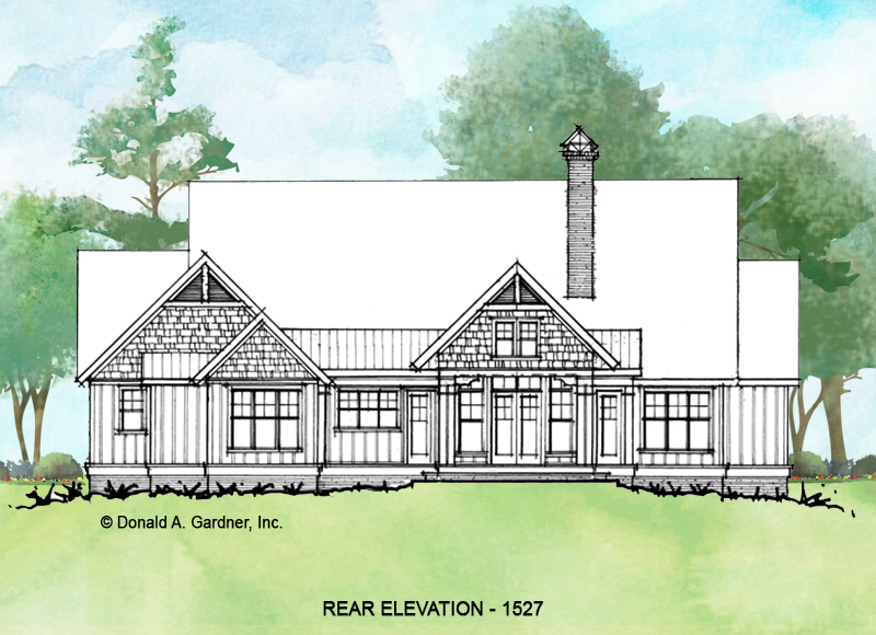 Rear elevation of conceptual house plan 1527. 