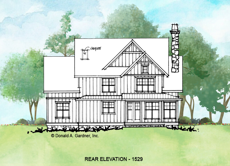 Rear elevation of conceptual house plan 1529. 