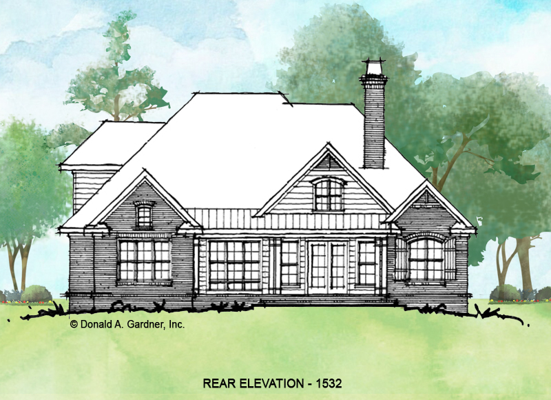 Rear elevation of conceptual house plan 1532. 