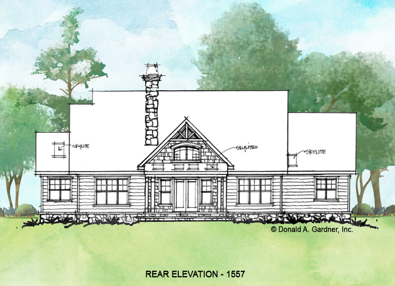 Rear elevation of conceptual house plan 1557. 