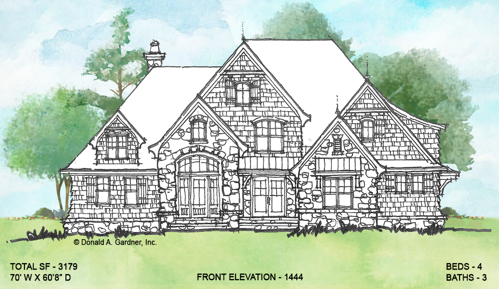Front elevation of conceptual house plan 1444. 